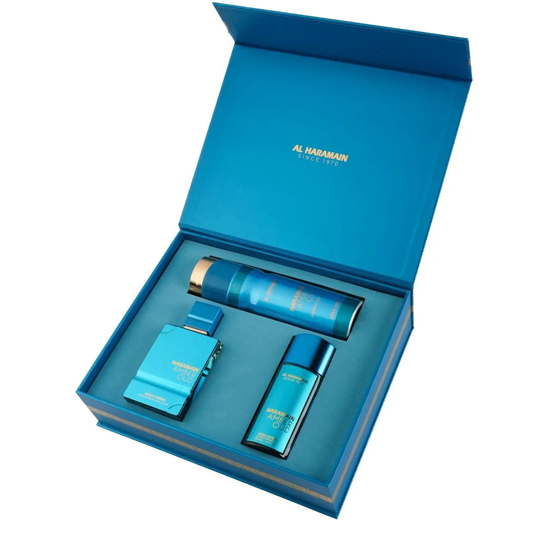 HARAMAIN AMBER OUD AQUA DUBAI EDITION PERFUME GIFT SET (EDP 75ML+EDP 30ML+DEODORANT 200ML)