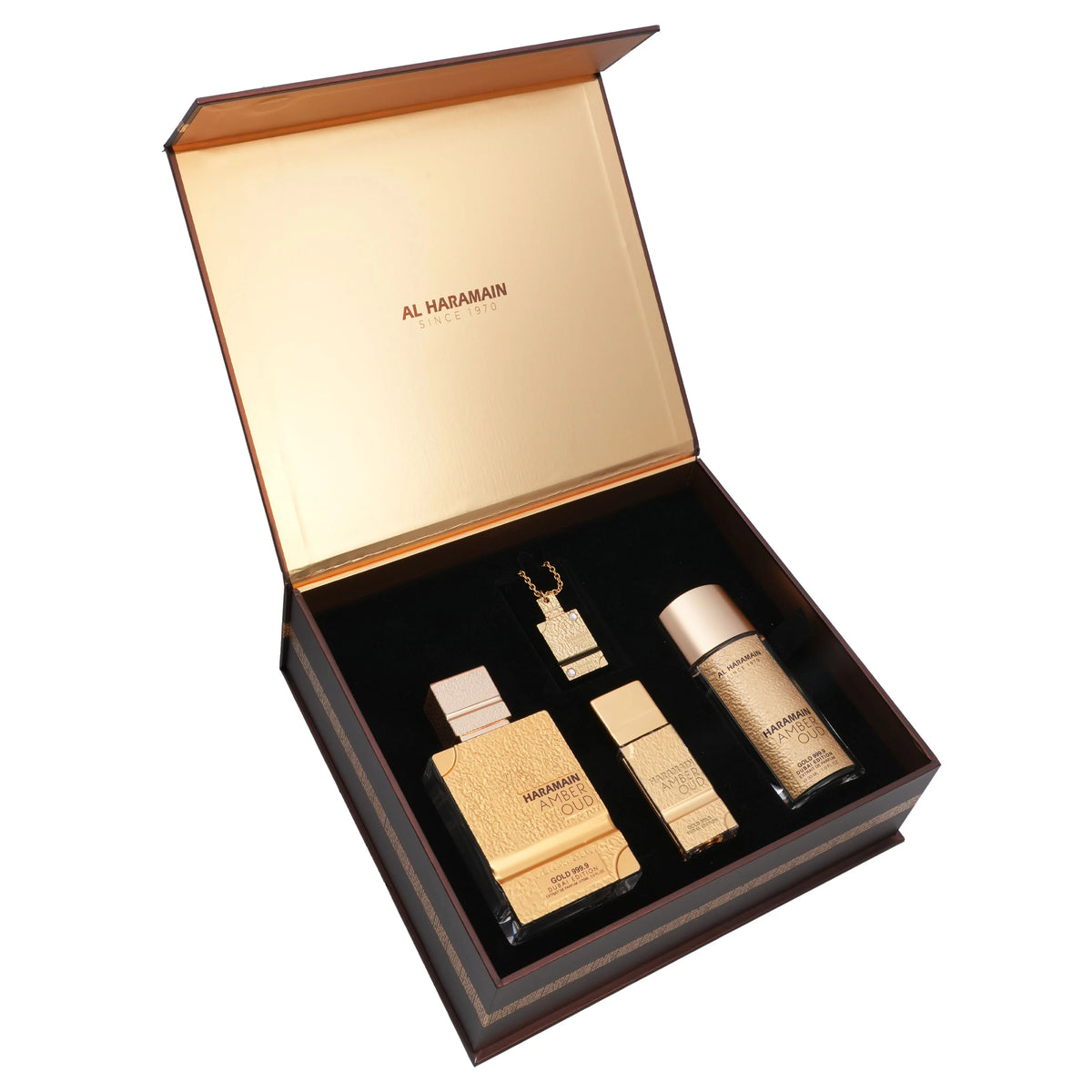 Haramain Amber Oud Gold 999.9 Dubai Edition Perfume Gift Set with Chain Locket