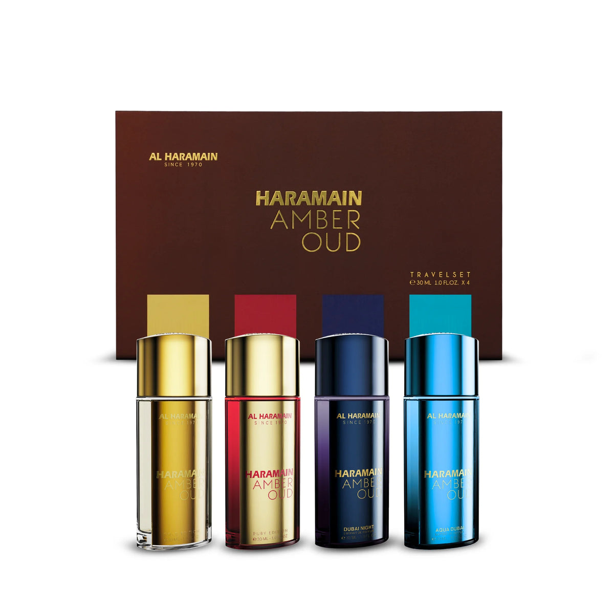 Haramain Amber oud Travelset 30ml x 4 (Gold Edition, Ruby Edition, Dubai Night, Aqua Dubai)