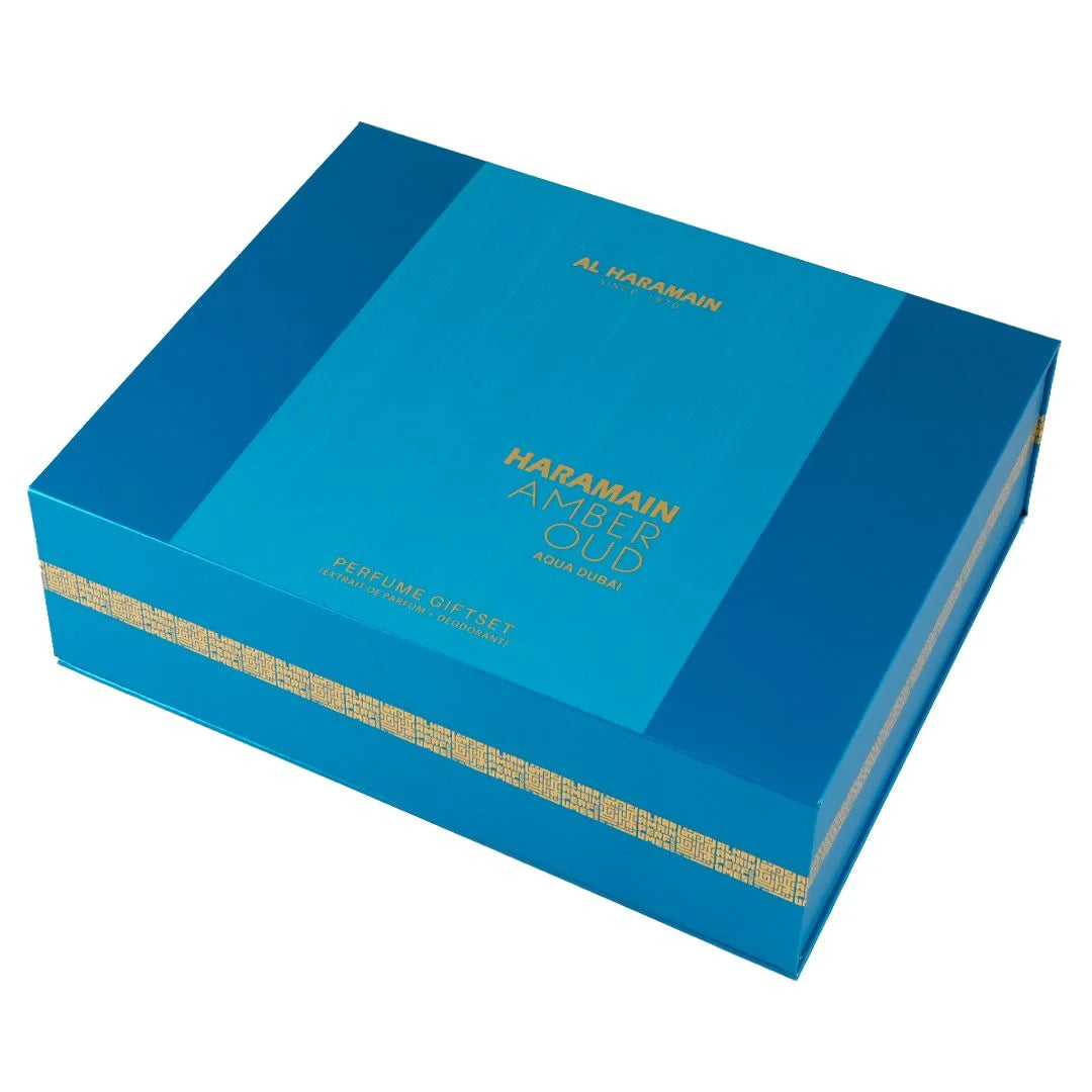 HARAMAIN AMBER OUD AQUA DUBAI EDITION PERFUME GIFT SET (EDP 75ML+EDP 30ML+DEODORANT 200ML)
